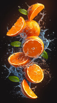 Fresh oranges and water splash on dark background