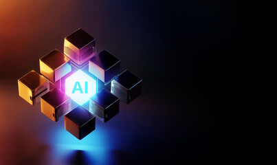 realistic 3d ai deep learning model concept colorful glowing gpu chips cluster network neon server connection computing cubes banner with blank space