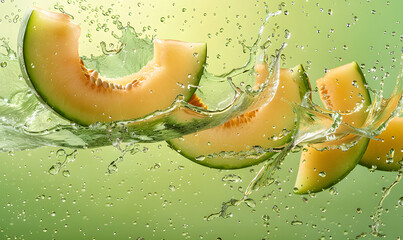 The fresh and juicy melon slices float in the air, with a solid colored background, Generative AI