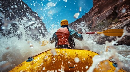 A female rafting in rapid water in rugged lands.