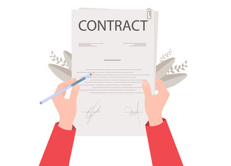 Hands holding paper contract, signing the documents, agreement, business activity, flat vector illustration
