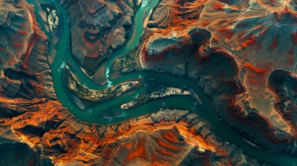 Majestic landscape of rugged lands with valleys and river. Aerial view with abstract patterns. - obrazy, fototapety, plakaty