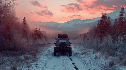Plexiglas foto achterwand SUV sports outdoor car with luggage on roof in snow field road in rugged land. © rabbit75_fot