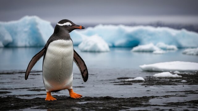Penguin, with black back, white belly, stands prominently in foreground, wings slightly spread, showcasing mix of confidence, curiosity. Orange feet, firmly planted on rocky, wet ground.