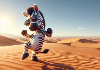 Fototapeta premium Lustiges Zebra mit Sonnenbrille tanzt in der Wüste