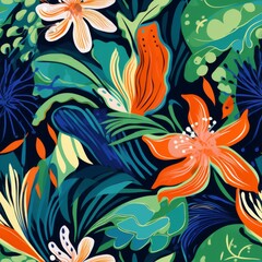 Tropical seamless pattern with beautiful colorful flowers and leaf.