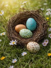Serene scene unfolds in image, capturing birds nest cradling four eggs, nestled amidst field of vibrant green grass adorned with delicate white, yellow flowers. Nest, woven from slender twigs.