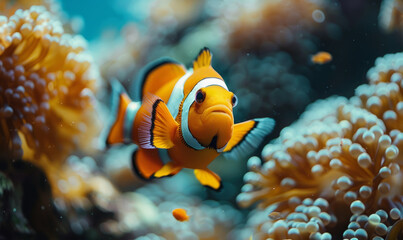 Obraz na płótnie Canvas Ultra realistic cinematic beautiful photo of a clown fish, swimming in the open ocean.