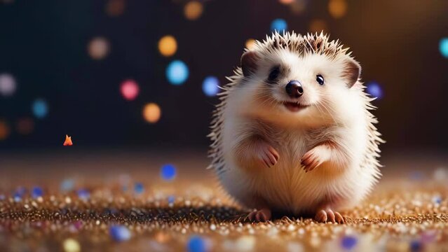 Portrait of happy cute hedgehog in flying confetti with copy space.
