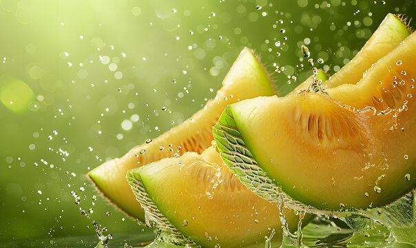 The fresh and juicy melon slices float in the air, with a solid colored background, Generative AI