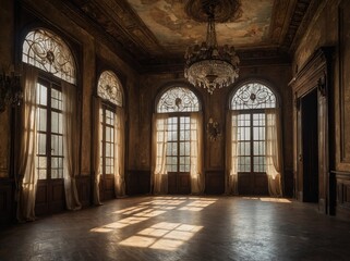 Sunlight streams through ornate windows of opulent, yet seemingly abandoned room, casting intricate shadows that dance across wooden floor. Room adorned with rich, dark wood paneling.