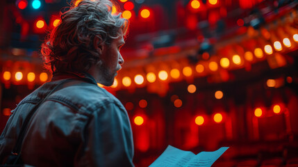 Fototapeta premium Medium shot of actors rehearsing in a theater while reading their scripts.