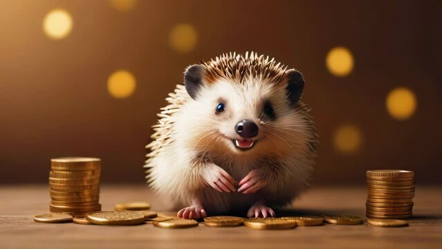 Happy hedgehog moves near stacks of gold coins on golden background with blurred lights. Economy and reasonable use of budget.