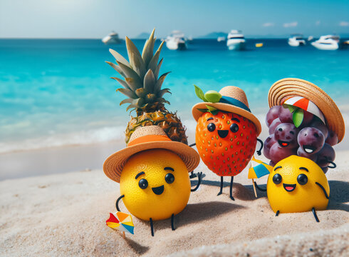 Lustige Früchtefiguren mit Hüten am Strand im Urlaub