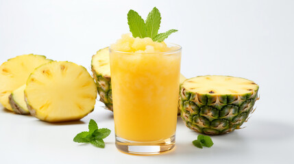 Wide juice bar background photograph of cocktail mix, a glass full of fruit juice and ice on a table top with white background and different fruit slices around 
