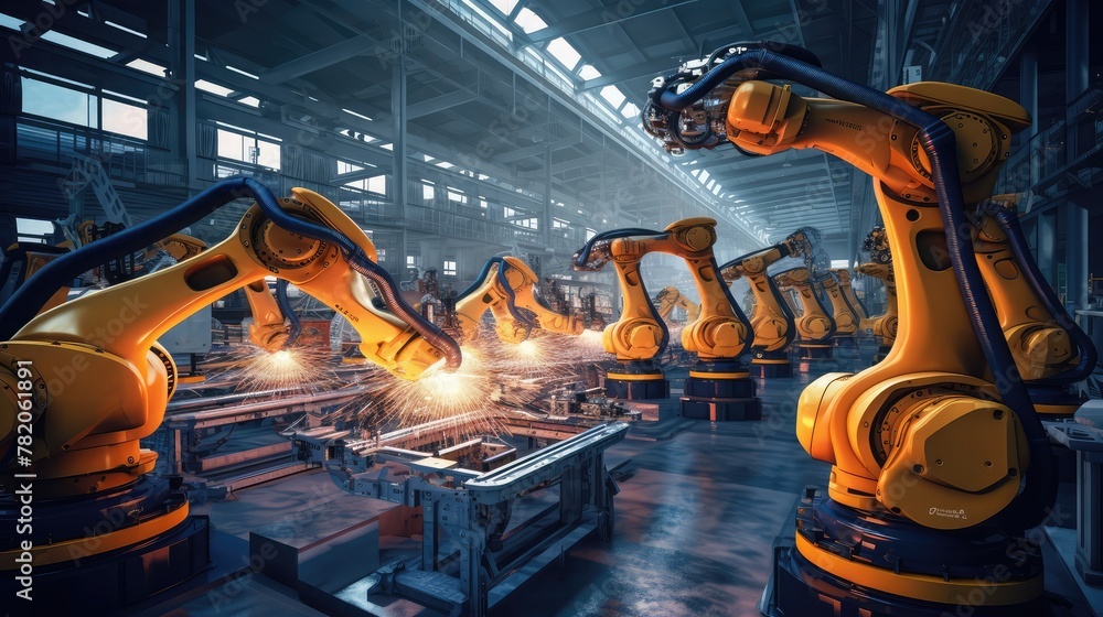 Poster automated ai industry robot and robotic arms assembly in factory production. concept of artificial i