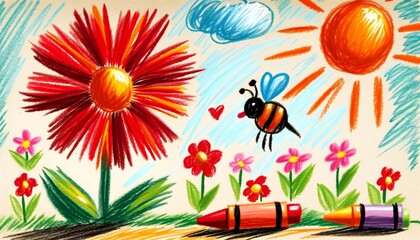 Crayon-Drawn Spring Sun and Busy Bee - obrazy, fototapety, plakaty