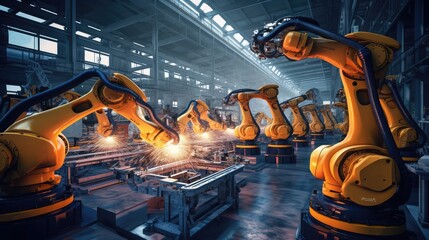 Automated AI industry robot and robotic arms assembly in factory production. Concept of artificial intelligence for industrial revolution and automation manufacturing process NLP