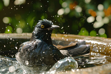 Naklejka premium Close up of raven in fountain in the park