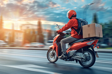 Delivery man wearing uniform riding motorcycle - obrazy, fototapety, plakaty