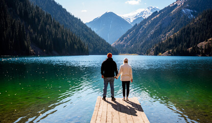 A man and woman hold hands on a dock, gazing at a mountain lake flanked by evergreen forests and snowy peaks beneath a clear sky.