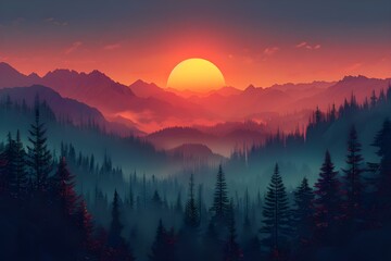 Fototapeta premium Tranquil Twilight Harmony: Majestic Mountains and Pines. Concept Mountain Photography, Pine Trees, Twilight, Harmony, Tranquil Settings