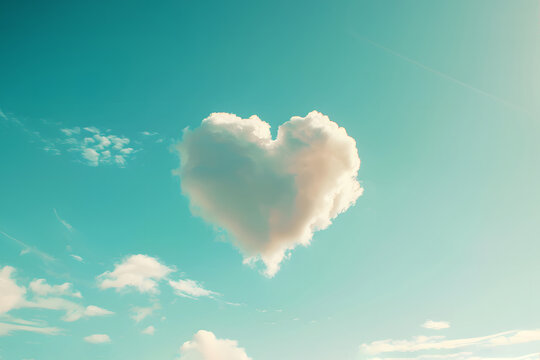 A heart shaped cloud, pastel blue sky background, love inspired romantic Valentine Day layout.