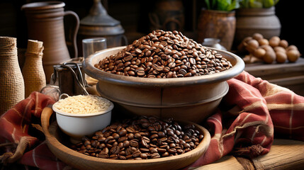 Coffee beans in ceramic bowls: Rustic and charming display.