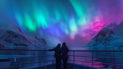 Zelfklevend Fotobehang A couple stand together on boat watching beautiful aurora northern lights in night sky in winter. © rabbit75_fot