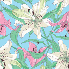 Hand Drawn Lily Flowers print for textile. The drawn flowers beautiful illustration for the fabric. Design ornament pattern seamless. Vector - obrazy, fototapety, plakaty