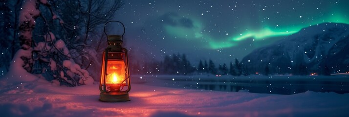 Lantern in snow field with beautiful aurora northern lights in night sky in winter.