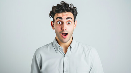 Fototapeta premium Surprised man in simple shirt, crisp facial details, bright lighting, and white background, Man in a simple shirt with a surprised expression, isolated on a pure white background, captured in high de 