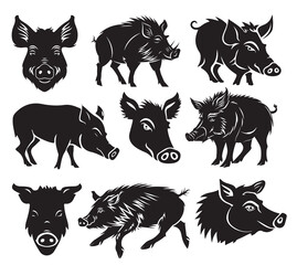 Collection of boar silhouettes on white background