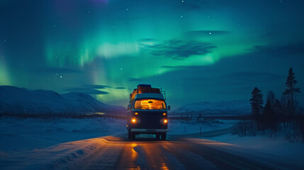 Vintage camper van in wild snow road with beautiful aurora northern lights in night sky with snow forest in winter.