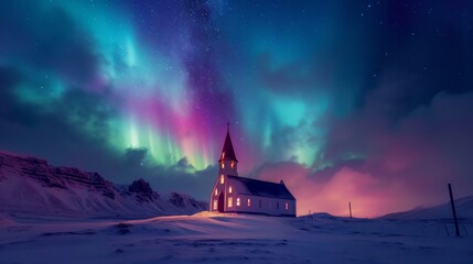 A small church in heavy snow covered field with forest mountain and beautiful aurora northern lights in night sky in winter.