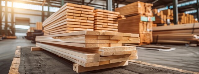 Pine wood planks in a factory setting, showcasing the storage and organization of wooden materials - Concept of modern technology in timber processing and goods production
