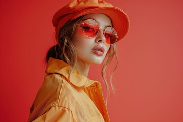 Stylish and vibrant young woman in orange jacket and sunglasses posing on bold red background, fashion concept