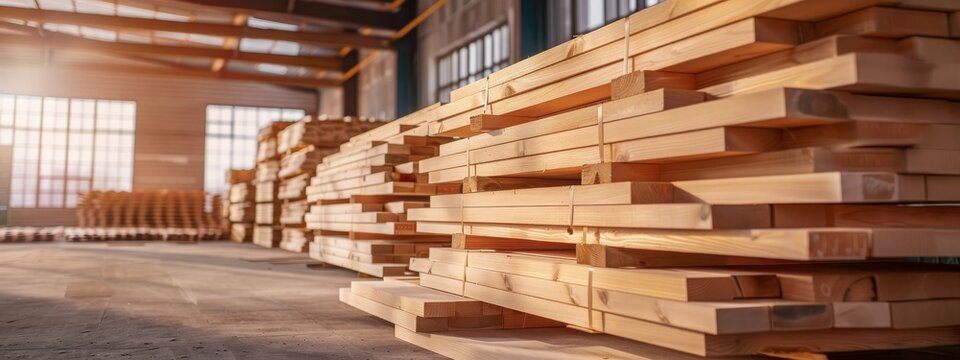 Stacked pine wood planks in a factory setting, showcasing the storage and organization of wooden materials - Concept of modern technology in timber processing and goods production
