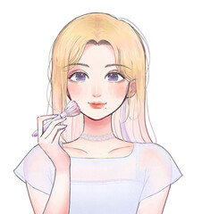 ファンデ、チーク、メイクをするお洒落な女性のイラスト