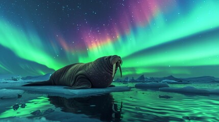 Walrus on ice in sea water with beautiful aurora northern lights in night sky with snow forest in winter.
