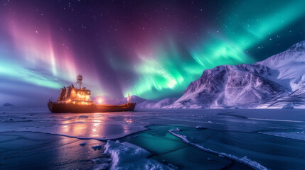 Cargo ship rest in sea water with snow mountain and beautiful aurora northern lights in night sky in winter. - obrazy, fototapety, plakaty