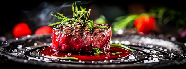 Succulent grilled beef steak with perfect sear marks, served on rustic plate against dark, elegant backdrop, exuding luxurious and gourmet dining experience. - obrazy, fototapety, plakaty