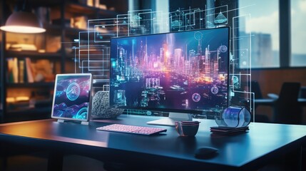 Computer on desktop in office with technology theme hologram. Multi exposure. Tech concept.