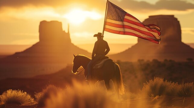 Cowboy on horseback carrying a US national flag