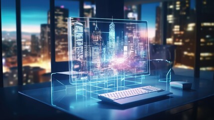 Desktop computer background in office and big town buildings hologram drawing. Double exposure. Smart city concept.