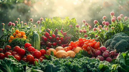 A close up of a garden with a variety of vegetables including tomatoes, broccoli, and basil. Concept of abundance and freshness, showcasing the vibrant colors and textures of the vegetables - Powered by Adobe