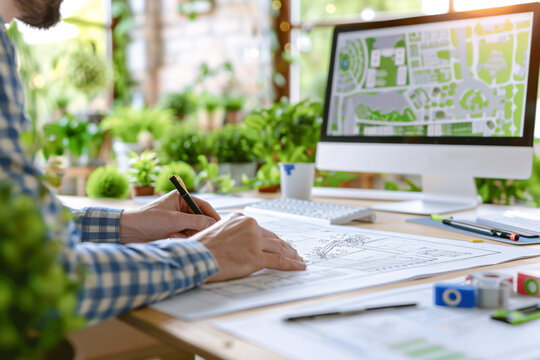 Landscape designer working in home office with plans on paper near computer