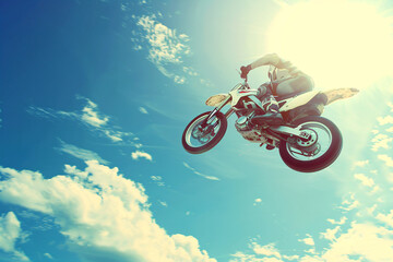 Motobike soaring with blue sky background