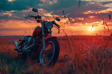 Motobike on sunset standing on field