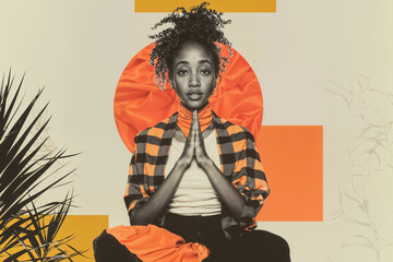 African American woman practicing yoga in a vibrant graphic collage style, integrating modern art...